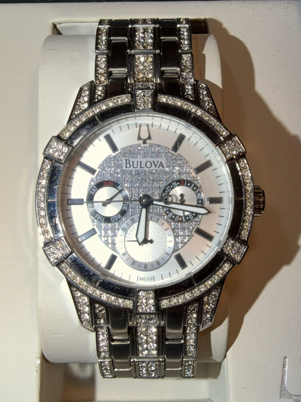 Bulova Silver Crystal-Accent Stainless Steel Bracelet Watch Mens in original Box